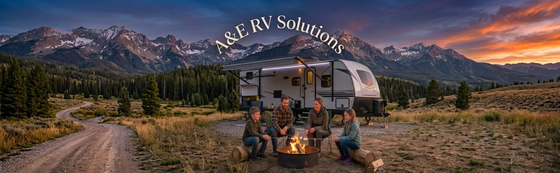 A family relaxes outside their Grand Design travel trailer at a remote, off-grid campsite in the Colorado backcountry, mountains rising behind them at dusk.
